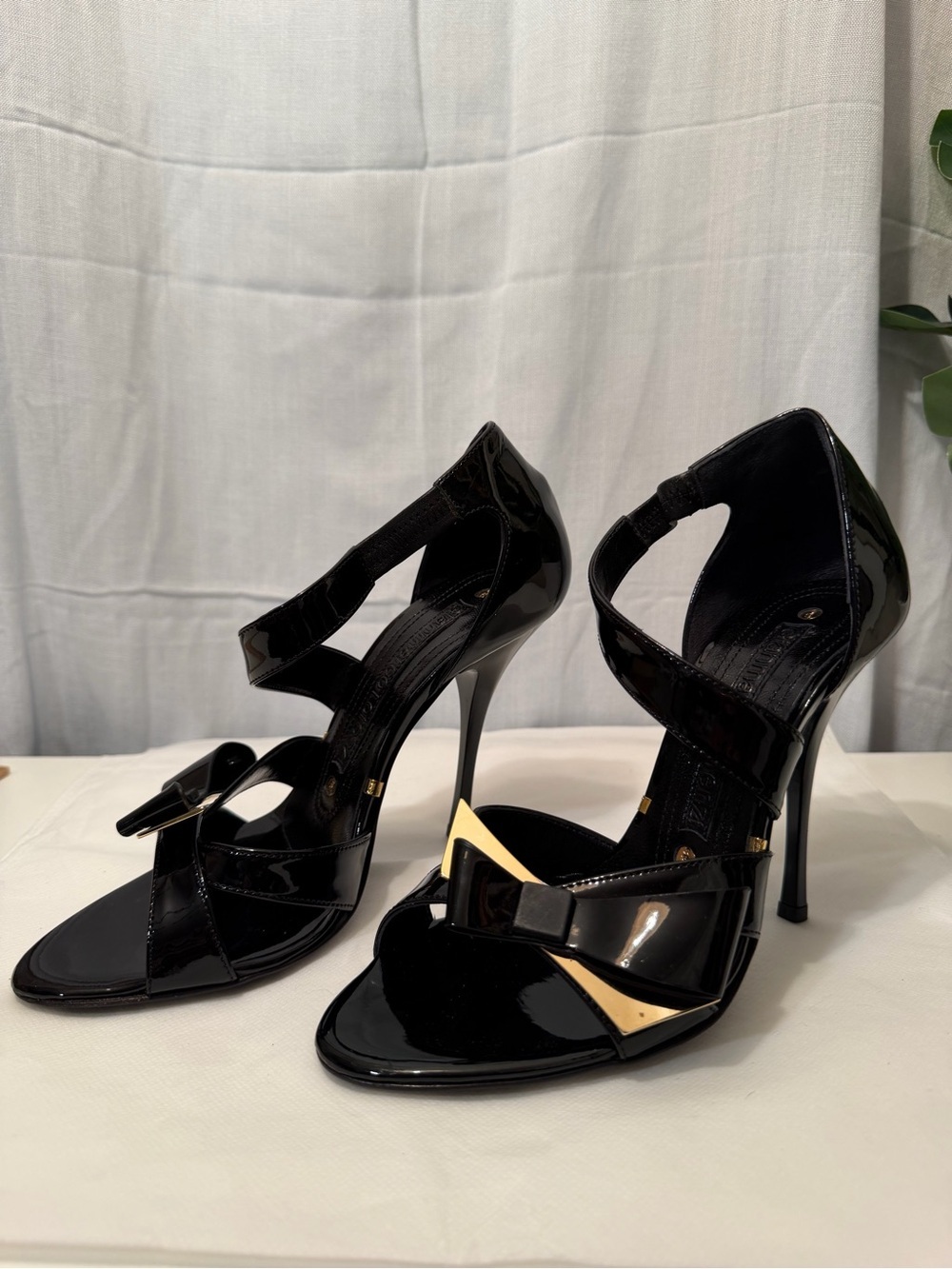 Gianmarco Lorenzi Black Patent Gold Stiletto Sandals Heels EU 36.5